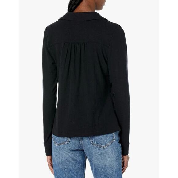 ☀️Michael Stars Helen Button Long Sleeve Woven Shirt Black Women's Petite LP - Picture 2 of 9